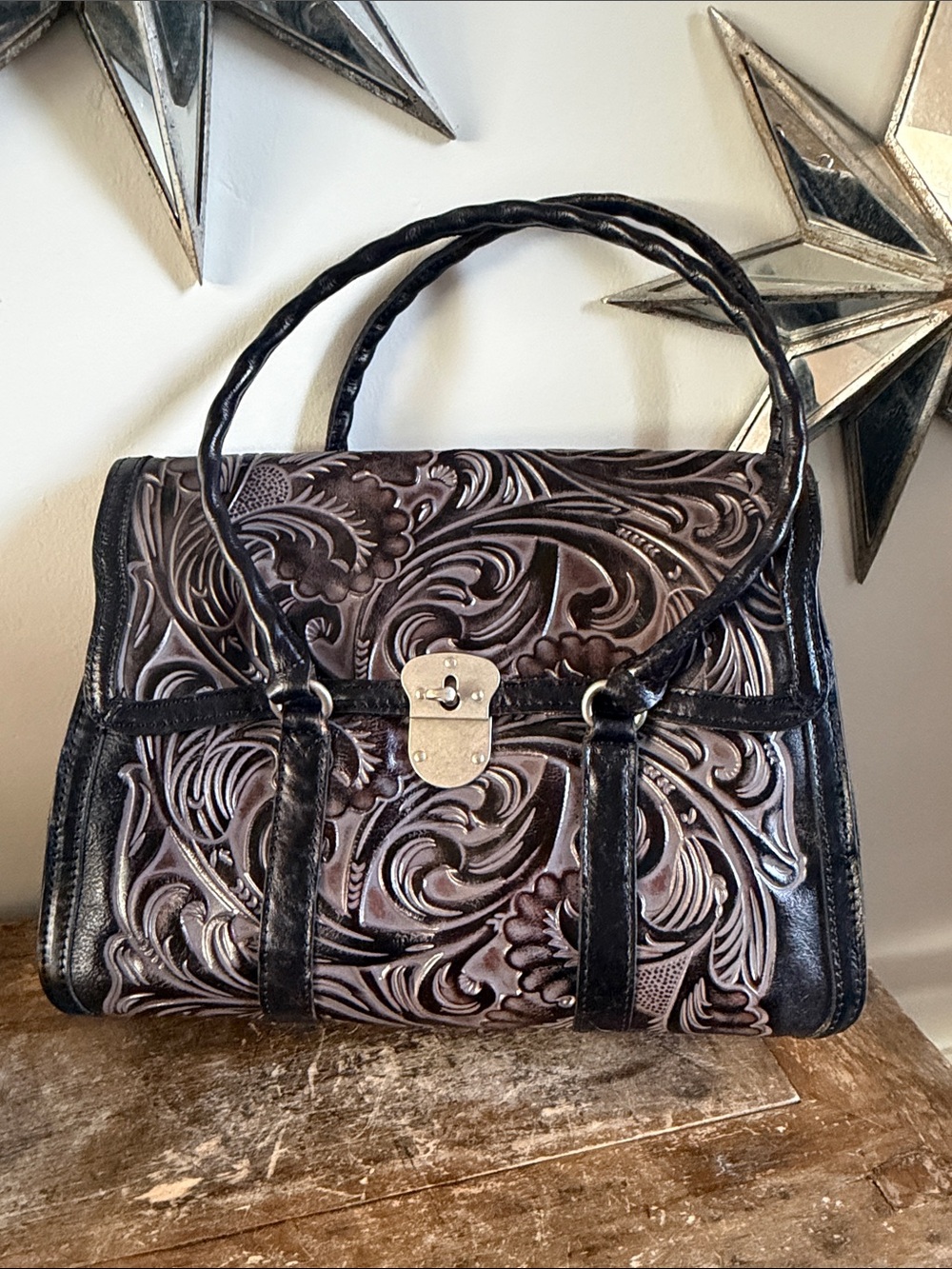 Patricia Nash Large Tooled Floral Leather Satchel Handbag in Black 15” x 11